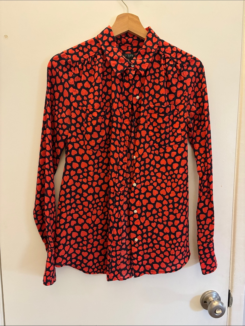 J. Crew Factory Black Blouse with Red Heart Print Button-Down